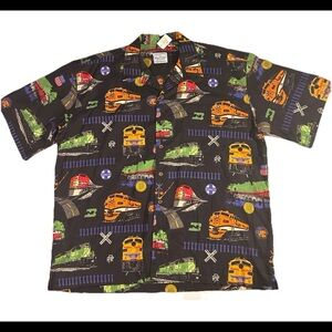 New David Carey Mens Train Locomotive Hawaiian Button Up Shirt sz 2XL Black